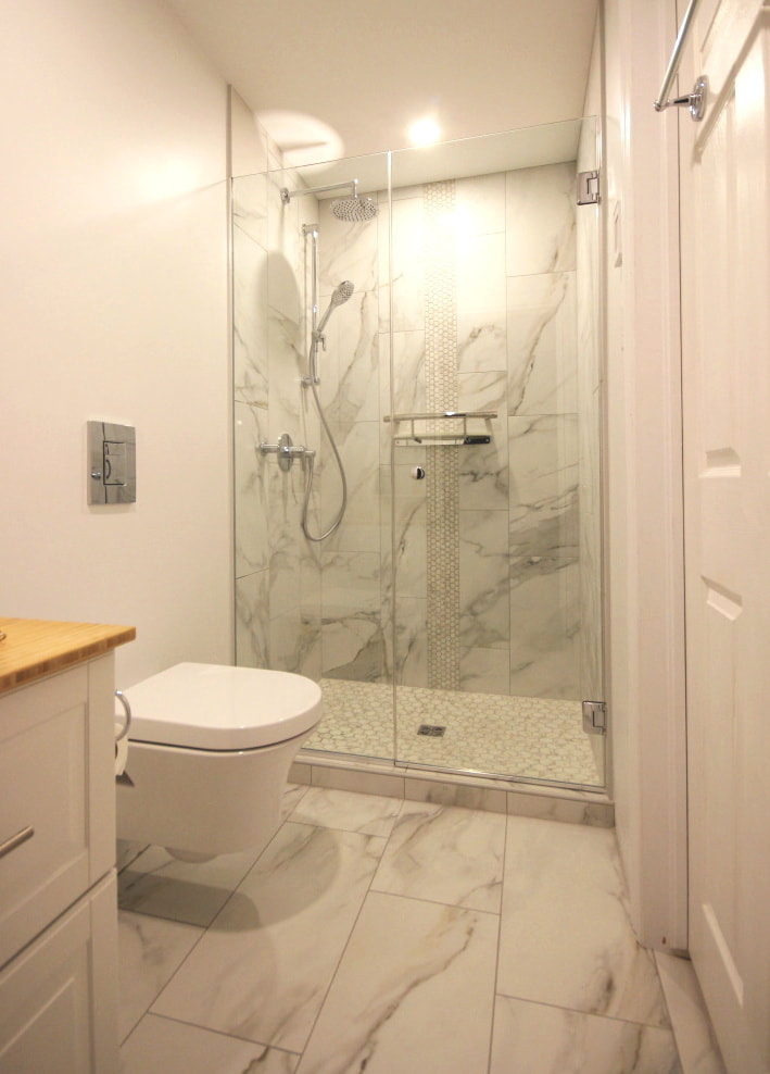 New basement bathroom with the wall hung toilet and the custom shower built from scratch in Almonte by Renovation to Perfection